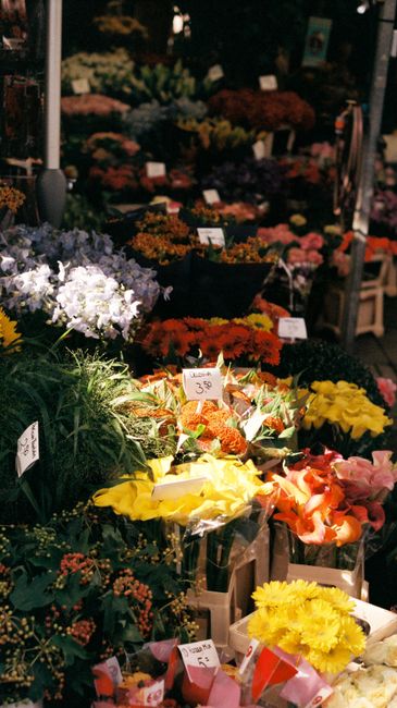 A vibrant display of fresh flowers at a flower shop, featuring a variety of floral arrangements including bouquets of white hydrangeas with lush green foliage, bright yellow and orange blooms, and pin