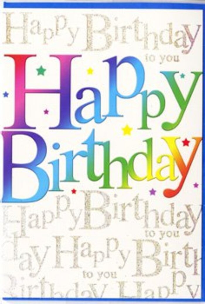 In this image, a stylish birthday card stands upright against a neutral background, its design glowing with a sense of celebration that feels perfectly at home in the Fortis Green community. The main attraction is the bold greeting Happy Birthday, written across the centre in generous, softly curved block letters. Each letter is filled with a beautifully blended rainbow wash, beginning with deep ruby tones at one end and gliding through mellow oranges, honeyed yellows, lively greens, and cool blues, before ending in gentle purples. These gradients are feathered and smooth, so the colours flow from one to the next like the petals in a mixed bouquet carefully arranged by a skilled florist. Behind the large, colourful text, the background is densely layered with the phrase Happy Birthday to you repeating in delicate cursive writing. This script is drawn in fine metallic gold, looping and swirling elegantly across the card. The gold has a subtle shimmer, catching ambient light in the same understated way sunlight might flicker through the trees around Cherry Tree Wood. Together, these repeated lines form a soft, decorative backdrop that enriches the design without stealing focus from the main greeting. Around the central words, small star shapes and scattered dots appear in various shades picked from the rainbow spectrum, adding tiny flashes of contrast and the feel of confetti settling after a toast. The card's surface appears smooth and of good weight, with a soft sheen that enhances the depth of colour. The overall mood is joyful yet polished, the kind of birthday card you would choose to accompany fresh, colourful flowers delivered to a friend or family member across Fortis Green, Muswell Hill, or East Finchley, marking their special day with both charm and style.