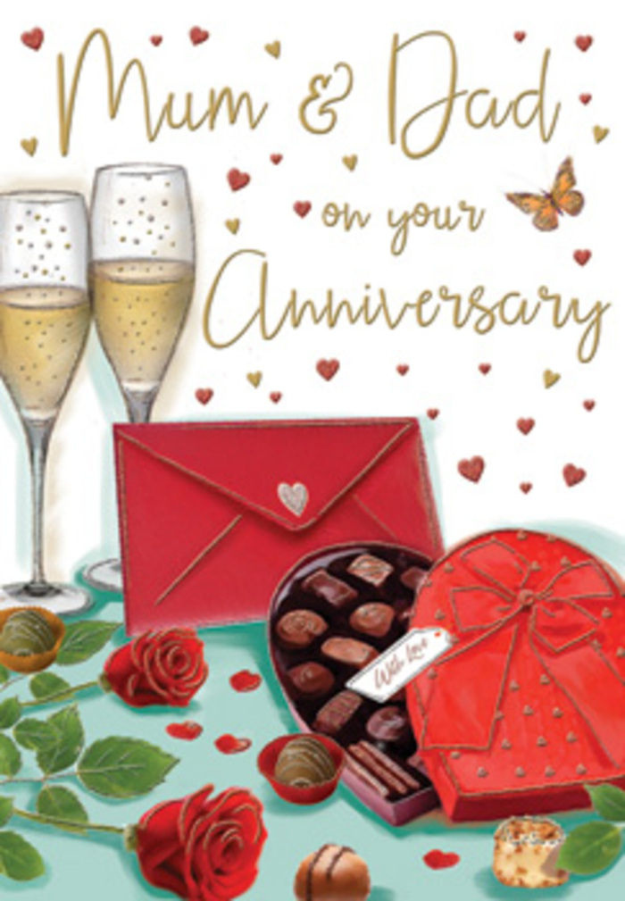 Luxuriously styled anniversary card illustration that captures the essence of a thoughtful celebration at home in Fortis Green, drawn in rich detail to honour Mum & Dad. Two graceful champagne flutes rise at the centre, their clear glass forms filled with a warm, golden champagne that glows softly against the background. Streams of tiny bubbles climb toward the rim, suggesting laughter, shared glances, and the clink of glasses heard in so many family homes across this part of North London. In the foreground, a heart-shaped box of chocolates lies slightly open, its deep red body and full satin bow rendered with a tactile softness that almost invites you to touch. Inside, an array of chocolates sits in precise compartments, each one shaded and highlighted to convey different textures, from smooth truffles to slightly ridged pralines. To one side rest two exquisite red roses, laid across lush green foliage; their petals curl outward in velvety layers, reminiscent of the kind of fresh, high-quality blooms prepared by local florists near Fortis Green. A couple of loose chocolates scattered about the table lend a relaxed, lived-in feel to the scene. All around, small crimson and gold hearts drift gently across the background, framing elegant script that dedicates the scene to loving parents. A vivid red envelope lies nearby, neatly sealed and suggesting a handwritten message full of gratitude from grown children who may now stroll through Cherry Tree Wood or along Fortis Green Road. The overall lighting is soft and warm, wrapping the champagne, roses, and chocolates in a gentle glow that speaks of enduring love, shared memories, and the quiet contentment of an anniversary evening spent together at home.