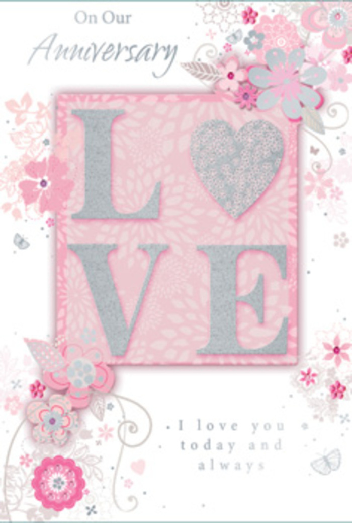 The anniversary card in this image is designed with the tenderness of a hand-tied bouquet one might collect from a cosy Fortis Green flower shop before strolling through Cherry Tree Wood. At its heart, the word 'LOVE' is set in large, raised letters, the surface dusted with glitter that shifts between pearly white and soft blush pink. The gentle sparkle suggests the same subtle sheen you might see on fresh petals in cool morning light. The letters feel substantial yet graceful, their lightly textured finish inviting touch as much as sight. Behind them, the background is a smooth expanse of blush pink, softened at the edges into creamy white and pale silver-grey, echoing the muted tones of a romantic, pastel arrangement. Around the central word, stylized flowers, leaves, and curling stems form a loose wreath, their fine outlines reminiscent of an artist's sketchbook where a florist first imagines the shape of an anniversary design. The blossoms are rendered in shades of blush, mauve, and pearlescent white, with delicate shading that gives them dimension without heaviness. Slender vines sweep and curl across the card, punctuated by tiny petals and butterfly motifs, giving the impression of a gentle breeze moving through the composition. Throughout the design, silver accents catch the light in a quiet, refined way, much like the gleam of ribbon around a bouquet destined for a Fortis Green doorstep. Along the bottom and edges, flowing script offers loving anniversary sentiments, expressing devotion and appreciation in a calm, measured tone. The overall effect is of a thoughtfully crafted keepsake, soft-spoken yet richly expressive, ideal for honouring years of shared love.