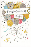In this image, a celebratory congratulations card captures the feeling of a light, joyful gathering, much like an intimate party with friends near the leafy streets around Fortis Green. The heart of the design is a lush cluster of balloons, gently layered one in front of another so that they seem to float up from the centre of the card. Their colours are soft yet festive: muted gold, brushed silver, champagne, pastel blue, blush pink, and pale grey. Each balloon displays its own decorative style, from narrow, shimmering stripes to tiny metallic stars and fine, glitter-suggesting speckles that give an impression of subtle sparkle when the card catches the light. Slender, curling strings fall from the base of the balloons in intertwined strokes of gold and smokey grey, echoing the way real ribbons tangle and sway with the slightest movement. A smooth banner stretches horizontally across the middle of the arrangement, softly shaded with delicate edging, carrying the words Congratulations To You in an elegant, looping script that feels warm and heartfelt, as if written with genuine pride. All around, the clean, off-white background is animated by a scattering of small stars, dots, and curling ribbon motifs in metallic tones, giving the effect of confetti drifting lazily through the air after a heartfelt toast. The composition feels airy, polished, and quietly glamorous - ideal for pairing with a fresh floral delivery to celebrate exam successes, new jobs, promotions, or any special moment that deserves to be marked with sincere congratulations in and around the Fortis Green area.