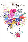 Joyful Mother's Day card illustration capturing a lively, watercolour bouquet, as if an artist in Fortis Green paused to paint the feeling of delivering flowers on a bright spring morning. The flowers form a cheerful cluster: bold cerise, magenta, and deep pink blooms at the centre, outlined in fluid indigo lines that suggest movement more than strict detail. Around them, softer blossoms in lilac, powder blue, and muted violet melt gently into the white space, their pigments diffusing in delicate, layered washes. Light, glimmering touches of gold trace some petals and stems, suggesting sunlight skipping over the surface, much like it does on freshly arranged bouquets waiting in the cool interior of a Fortis Green florist. The bouquet appears to spring from a simple, rounded vase evoked with just a few translucent strokes, its shape cinched visually by a neat golden bow that hints at the satisfying final tie of ribbon before a delivery heads out towards East Finchley or the surrounding neighbourhood. The background remains mostly pristine white, animated by scattered specks of colour and small heart shapes that seem to float like confetti, evoking laughter around the breakfast table as a child hands this card to their mum. Although there are no printed words on the design, the atmosphere is unmistakably warm and celebratory: a visual expression of thanks, a painted bouquet full of energy and tenderness that reflects the close-knit, family-friendly spirit of Fortis Green.