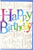 The photograph shows a cheerful birthday card, standing neatly as if ready to be tucked beside a vase of fresh blooms in a Fortis Green living room. Front and centre, the words Happy Birthday stretch boldly across the card in wide, smoothly rounded letters that feel full of life. Each letter is coloured with a soft, continuous gradient that sweeps through the full rainbow spectrum: from vibrant cherry red and juicy orange to radiant yellow, bright grass green, cooling aqua, deep lagoon blue, and a final dusting of lavender. The transitions between shades are gentle and misty, giving the text a soft, almost glowing appearance that mirrors the layered hues of a well-composed floral display. Behind this striking statement, the card's background is alive with a repeating line of Happy Birthday to you, written in flowing, cursive script in shimmering gold. The metallic ink curls and loops across the surface, forming an elegant pattern that glints subtly in the light-like the flicker of birthday candles reflected in a window overlooking Fortis Green's leafy streets. The repeated gold text creates a rich, celebratory texture that contrasts beautifully with the broad, colourful letters in front. Scattered around the main phrase, tiny stars and dots in bright rainbow tones add sprinkles of playfulness, suggesting confetti or the last sparks of a party popper. The finish of the card looks smooth and slightly glossy, enhancing the saturation of the colours while keeping the overall effect refined. This design feels ideal for marking a birthday with warmth and joy, pairing perfectly with same-day flower delivery from local Fortis Green florists to homes, offices, or intimate gathering spots nearby.