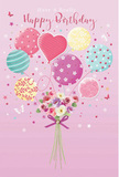 This illustrated birthday design shows a weightless bouquet of balloons and fresh flowers, perfect for picturing a celebration in Fortis Green. The background is a gentle blush pink, setting a calm, festive stage. At the centre, an array of pastel balloons drifts upward in shades of pink, mint, lemon, and lavender. Each balloon has its own charming decoration-some curve with ribbon-like stripes, others sparkle with dots or swirling patterns, and one or two stand out with heart-warming motifs that suggest affection and closeness. Light glances off their surfaces, giving them a soft, glossy glow like real birthday balloons hovering above a table in a Muswell Hill home. Anchoring this airy cluster is a hand-tied bouquet at the base. The flowers, reminiscent of delicate roses and anemone-like blooms, show gentle gradients from creamy white to blush and dusky mauve, their petals drawn with a feathery, almost touchable softness. A violet-purple satin bow gathers the stems neatly, tied in the careful, confident style of an expert florist. Around the main arrangement, tiny star shapes and fluttering butterflies drift, contributing to a fairy-tale feeling, like the quiet magic of a surprise birthday delivery near Cherry Tree Wood. The scene expresses a tender, joyful wish-flowers and balloons combined into one uplifting gift, reflecting the warmth and community spirit felt across Fortis Green.