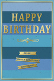 This refined birthday card feels perfectly suited to a calm celebration in Fortis Green, where thoughtful details matter as much as the occasion itself. Its face is composed of generous, horizontal bands of blue, laid one on top of the other in a gentle gradient. At the base, a deep navy sets a grounded tone, rising through nuanced denim and muted teal shades until it lightens into a soft, airy blue near the top, echoing the changing sky seen over nearby Muswell Hill. These stripes are evenly spaced yet subtly blended, giving a sense of depth and unhurried movement. Centered against this tranquil backdrop are the words HAPPY BIRTHDAY, stamped in tall, embossed gold capital letters. The metallic gold has a mellow glow, catching and reflecting light in a soft way that feels welcoming rather than showy. Beneath the main greeting, a graceful golden flourish arcs gently across the card, bringing a hint of vintage charm, like the delicate scrollwork on traditional stationery. Further down, three slender gold banners run horizontally, mirroring the flow of the blue stripes. Each banner carries a reassuring, relaxed message: Relax, have a great day and enjoy! The card stock itself looks smooth and slightly velvety, with the raised gold areas offering a pleasing texture at the fingertips. A fine gold line creates a narrow border around the entire design, containing the blues and golds like a small work of art you could imagine standing on a mantelpiece in a Fortis Green home. Paired with a fresh birthday bouquet delivered locally, this card would add a sense of calm, polished celebration, inviting the recipient to slow down and truly savour their day.