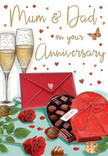 Beautifully composed anniversary card illustration depicting a romantic tabletop arrangement, imagined as a scene from an intimate celebration in a Fortis Green home. At the heart of the image, two tall champagne flutes stand close together, their slim stems and clear bowls filled with softly glowing golden champagne. Within each glass, threads of tiny bubbles rise gently, capturing the moment just before a toast between long-time partners. In front of the flutes sits a heart-shaped box of chocolates, its rich red surface finished with a sumptuous satin bow whose flowing tails add a sense of movement. The lid is slightly open, revealing a neatly arranged selection of chocolates, each piece carefully shaded to suggest glossy shells and indulgent fillings. Nearby, two velvety red roses rest among lush green leaves, their petals full and layered, like fresh stems lovingly chosen from a local Fortis Green florist along the nearby High Road. A few individual chocolates are scattered across the tabletop, reinforcing the idea of a relaxed, shared treat. Softly drifting hearts in crimson and metallic gold dot the background and foreground, framing the elegant hand-lettered dedication to Mum & Dad and infusing the card with gentle warmth. A bright red envelope, closed and slightly angled, suggests a personal message of thanks from a son or daughter now living just a short walk away, perhaps near East Finchley or Muswell Hill. The entire composition is bathed in warm, diffused light that enhances the deep reds, soft greens, and glowing golds, creating a quietly joyful atmosphere that celebrates enduring love, family connection, and the simple pleasure of marking an anniversary together in Fortis Green.